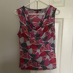 Kasper Pink Black Red Fan-Print Cowl Neck Tank
